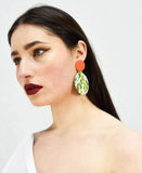 Large red patterned hanging silk earrings handmade by Silky Moons