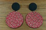 Large red patterned hanging silk earrings handmade by Silky Moons