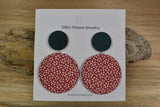 Large red patterned hanging silk earrings handmade by Silky Moons