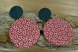 Large red patterned hanging silk earrings handmade by Silky Moons