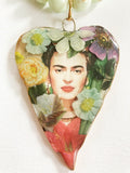Frida Kahlo patterned heart upcycled necklace handmade by Jan Cooper