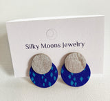 Deep blue patterned handmade clip earrings by Silky Moons
