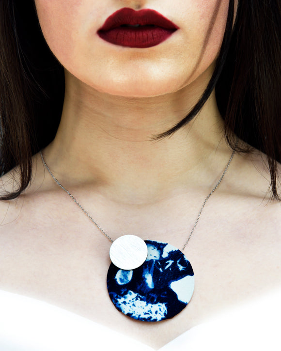 Dark blue and white silk necklace handmade by Silky Moons