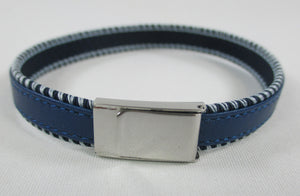 Blue leather men's/women's bracelet with contrast stitching, and 'cut to size' fitting