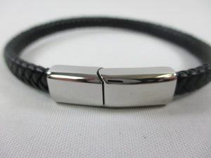 Odd Job black leather plaited bracelet with steel clasp