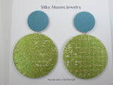 Large hanging earrings in green silk handmade by Silky Moons