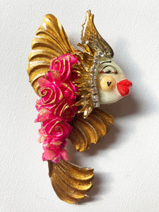 Ornate handmade pink and gold 'Seahorse' brooch by Jan Cooper