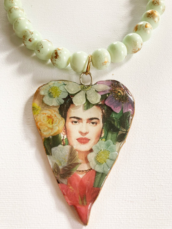Frida Kahlo patterned heart upcycled necklace handmade by Jan Cooper