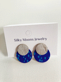 Deep blue patterned handmade clip earrings by Silky Moons