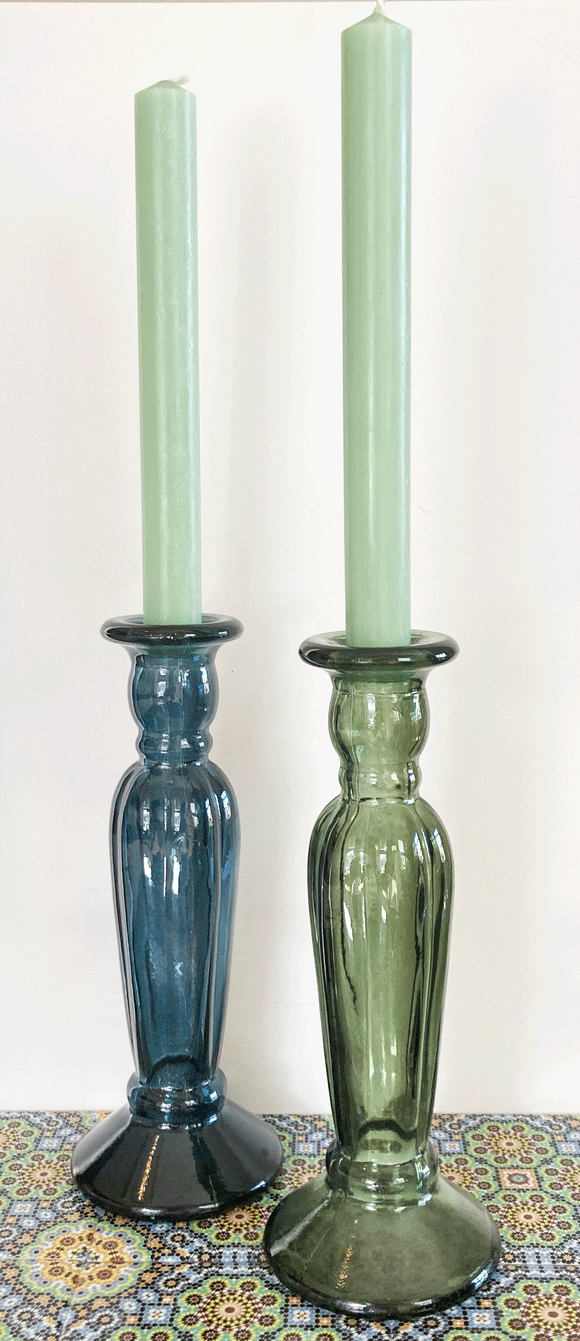 Tall glass candlesticks in blue or green