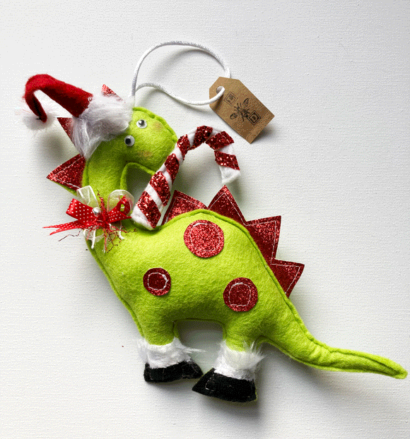 Christmas hanging decoration 'Green Dinosaur', handmade in felt by Laura Dent