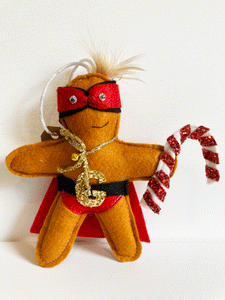 Christmas hanging decoration 'Gingerbread Hero', handmade in felt by Laura Dent