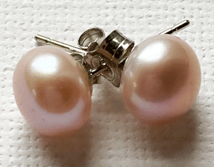Pale pink freshwater pearl large stud earrings by Sarah Beevers
